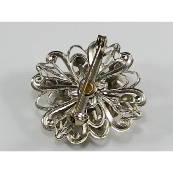 1950s Silver Tone Flower Brooch Purple Center Clear Rhinestone Vintage Pin - Picture 9 of 9